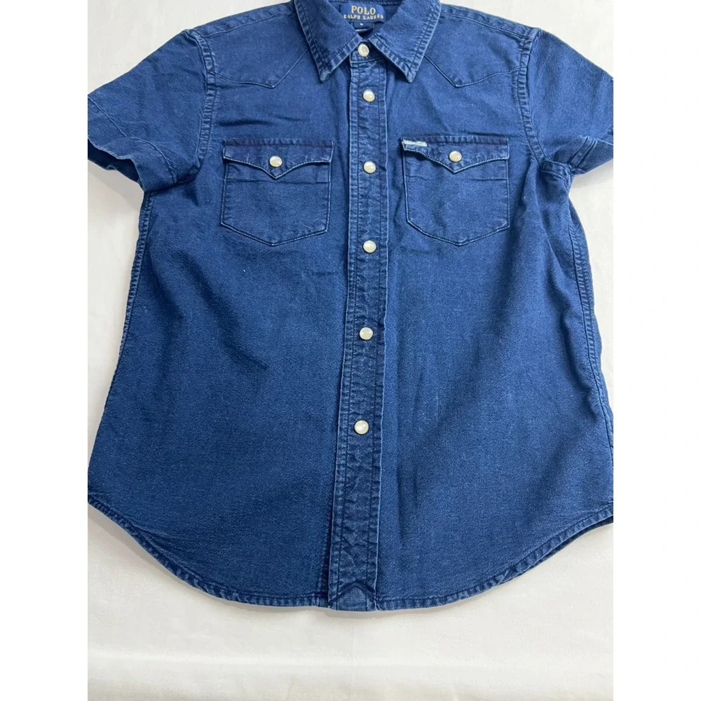 Polo Ralph‎ Lauren Western Denim Shirt Kids 6 Blue Short Sleeve Pearl Snap PA51